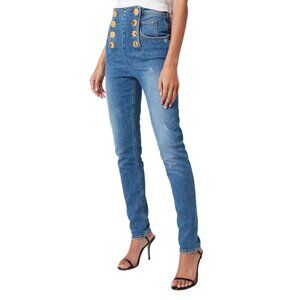 Pierre Balmain Women's High Waist 8 Button Vintage Skinny Jeans - Blue